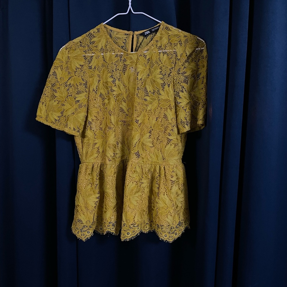 Zara Mustard Yellow Lace Peplum Blouse